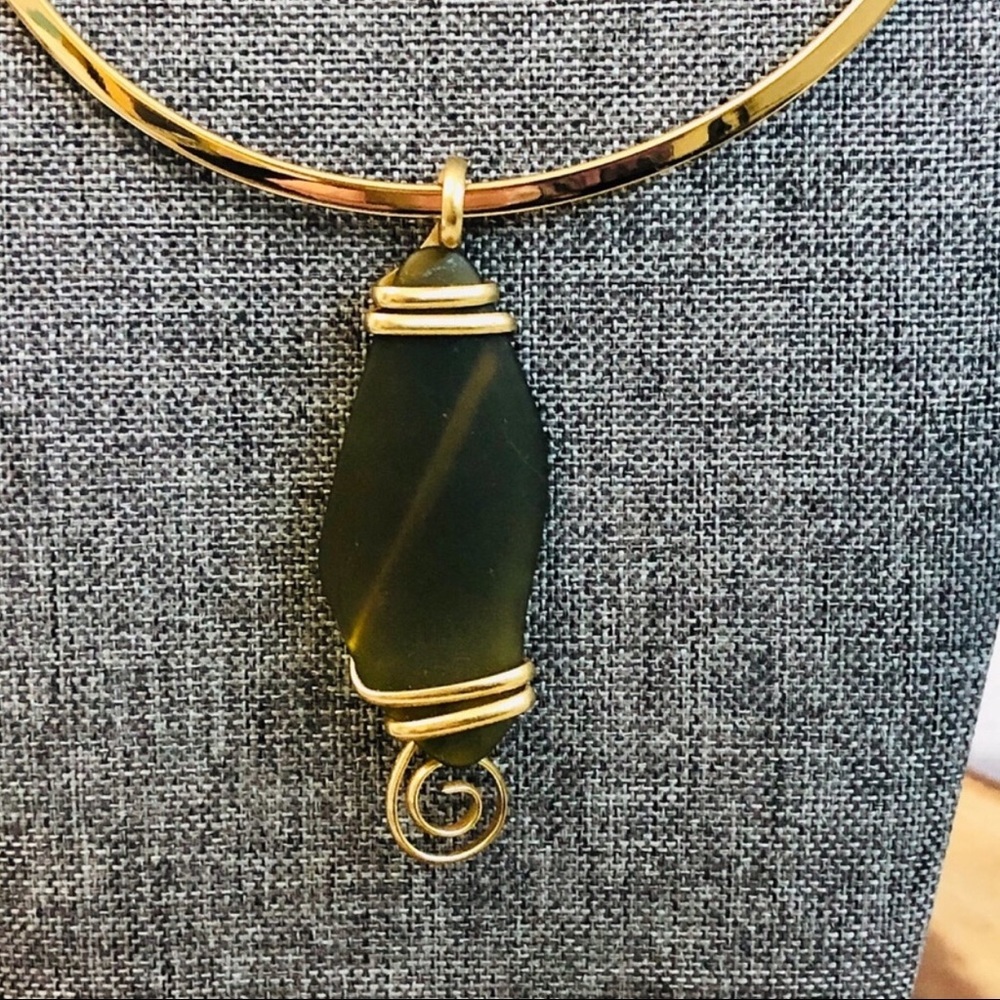 Green Sea glass pendant gold wire wrapped NEW